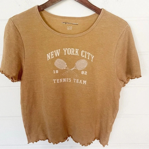 American Eagle Outfitters Tops - American Eagle Women’s Brown Crop Baby Tee Scalloped Hem Size XL